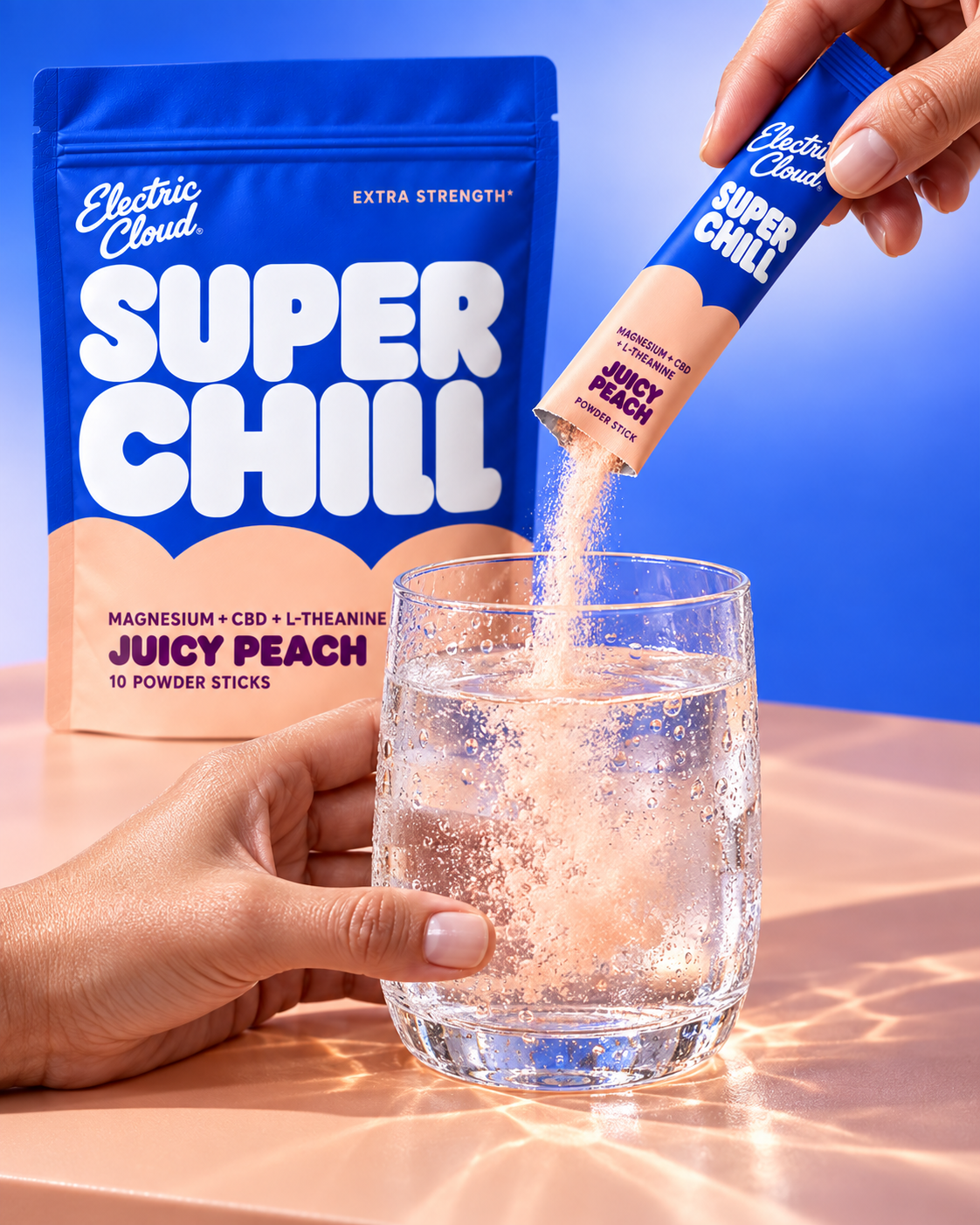 An individual Super Chill stick being opened and poured into a glass of water