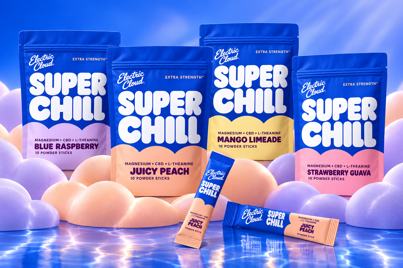 The four cloud-cut Super Chill pouches together in peach and lavender cloud forms with refracted light